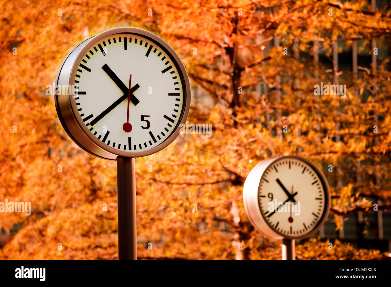 Uhren im Herbst in Canary Wharf Stockfoto