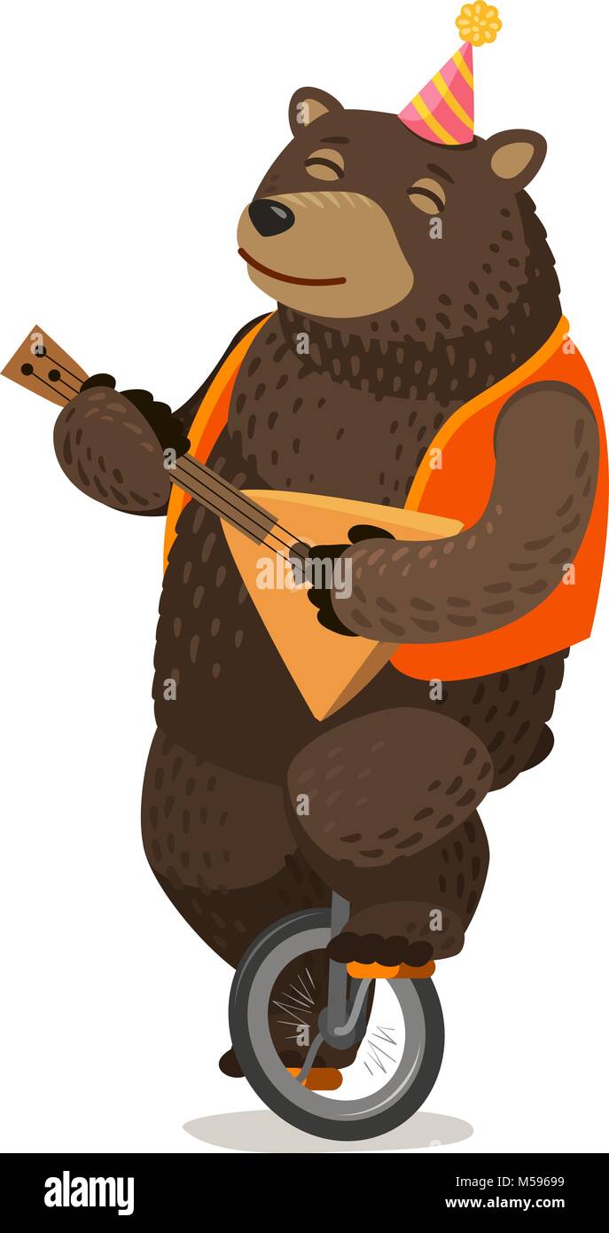 Zirkus Leistung. Happy bear Rides Einrad und spielt Balalaika. Cartoon Vector Illustration Stock Vektor