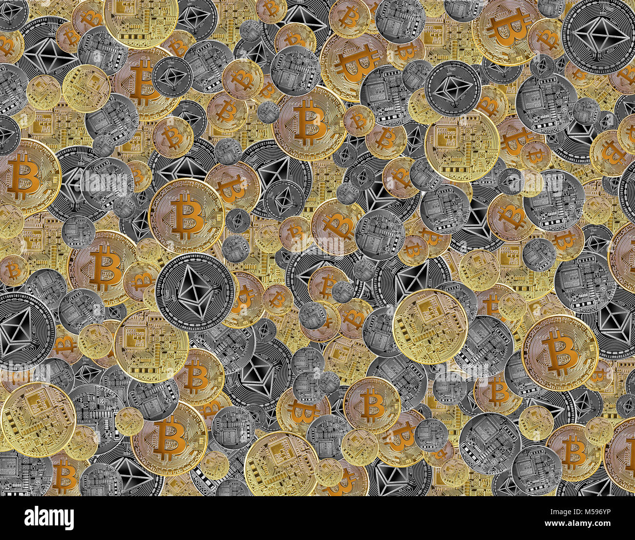 Bitcoin und des Astraleums Hintergrund von mehreren gestapelte Münzen als Konzept der globalen cryptocurrency Stockfoto