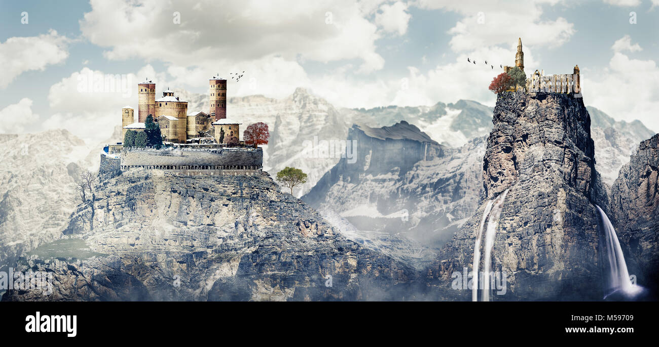 Fantasy photomanipulation der mittelalterlichen Landschaft im Winter mit Schloss und Ruine Stockfoto
