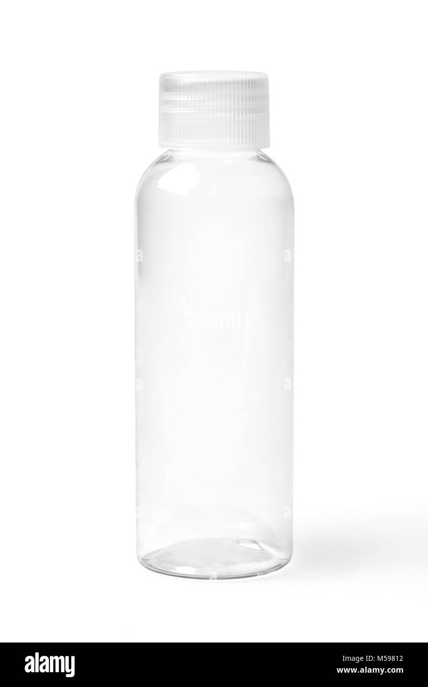 Geschlossen leer farblos transparenten Kunststoff Flasche für kosmetische Produkte. Stockfoto