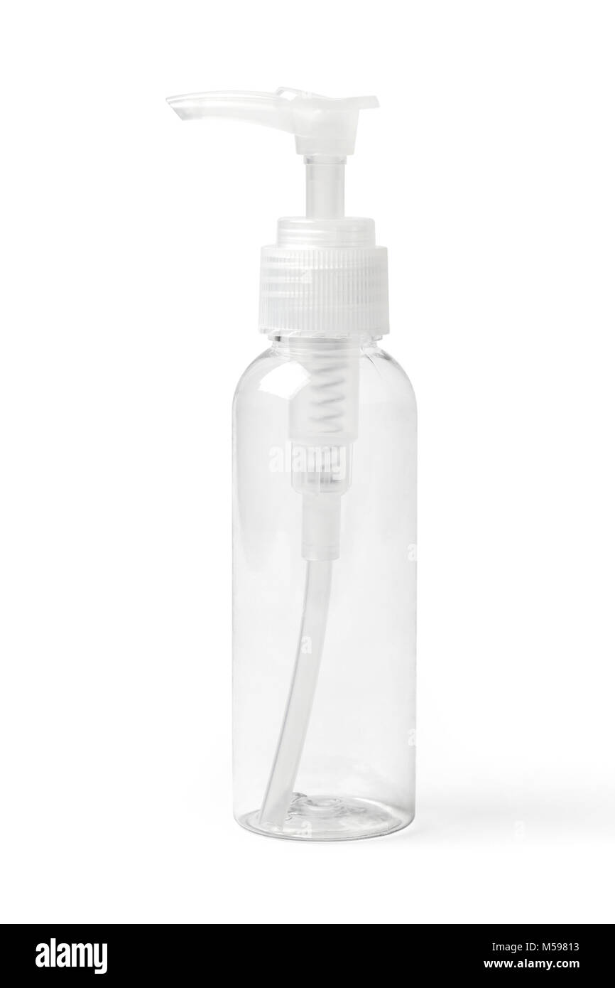 Leere farblos transparenten Kunststoff Flasche mit Pumpspray für kosmetische Produkte. Bild mit arbeitspfad. Stockfoto