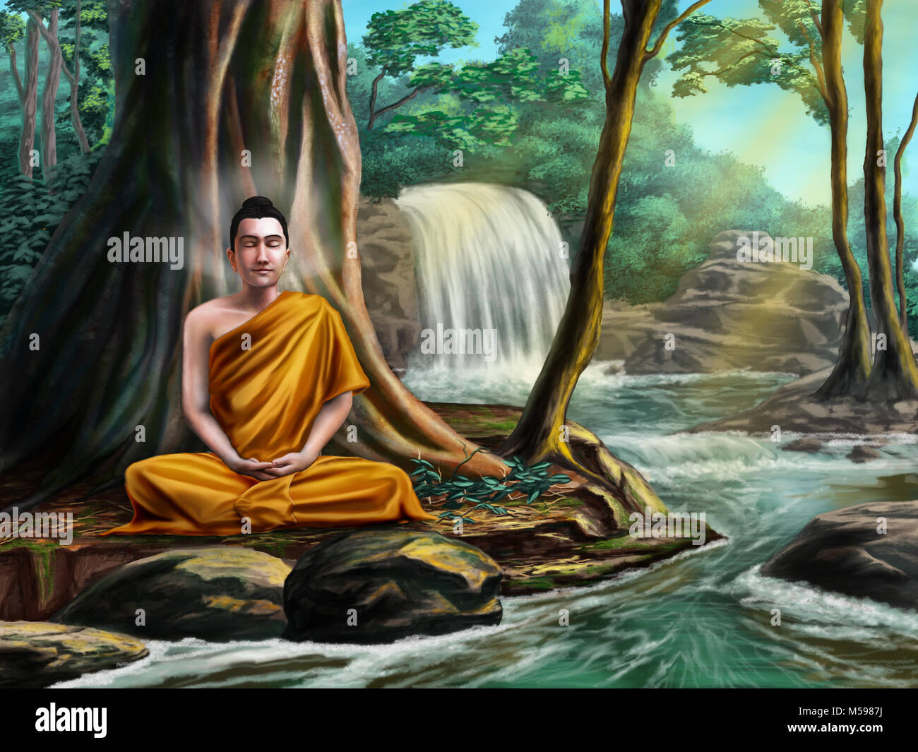 Buddha Meditation in der Nähe von einem kleinen Bach, in einer ruhigen Wald. Digitale Illustration. Stockfoto