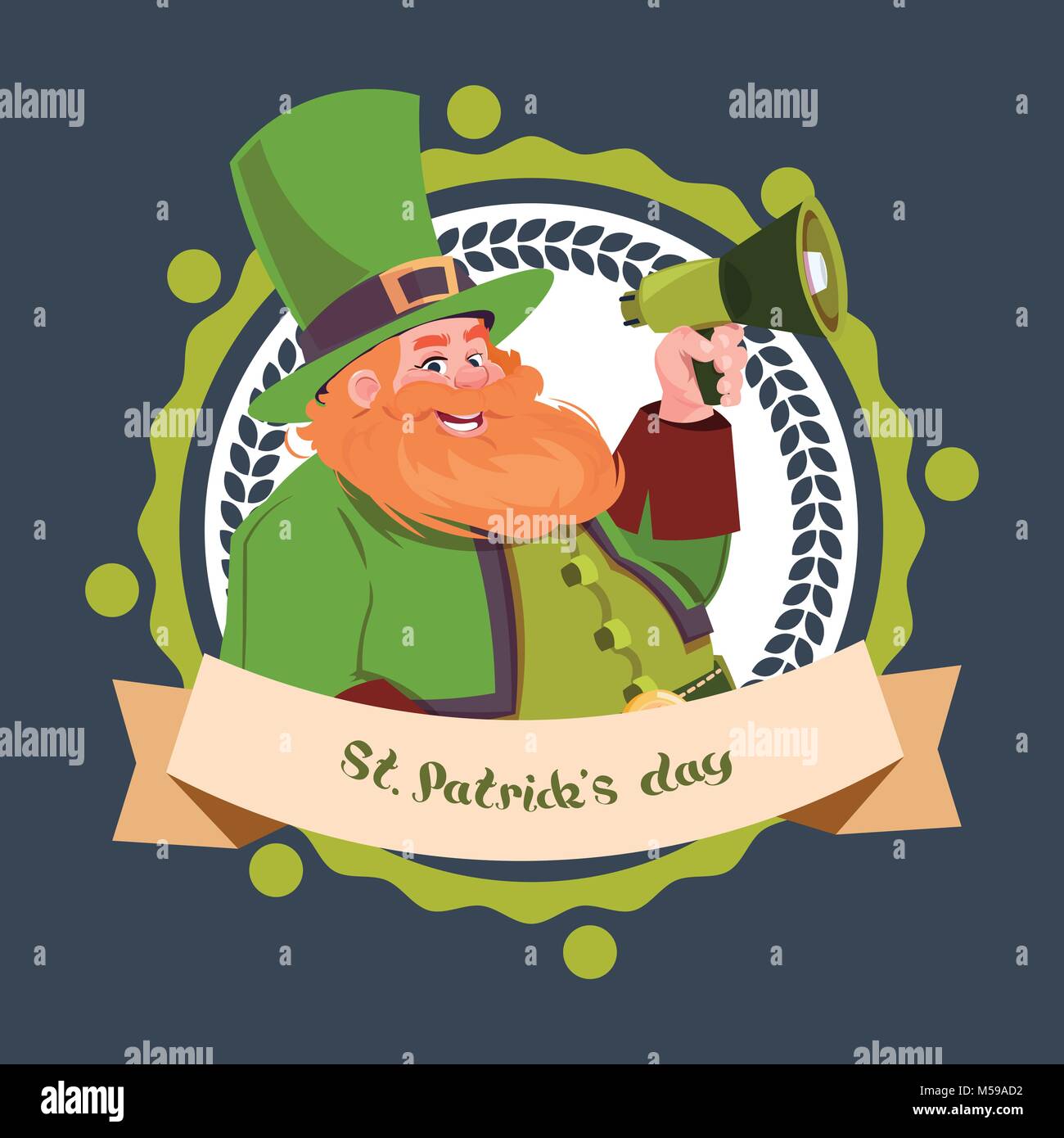 Happy St. Patricks Tag Emblem Aufkleber mit Kobold Holding Megaphon Stock Vektor