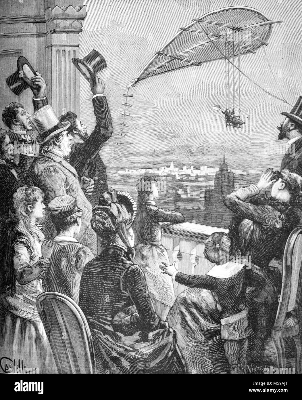 Ein riesiger Three-Meter lange Kite wie den Transport von Personen verwendet werden, demonstriert an einem begeisterten Publikum im Paris der 1880er Jahre. Die Human-Carrying Kite ist eine Art Vorläufer des modernen Parakite, Parasail oder Gleitschirm (Gravur, 1889) Stockfoto