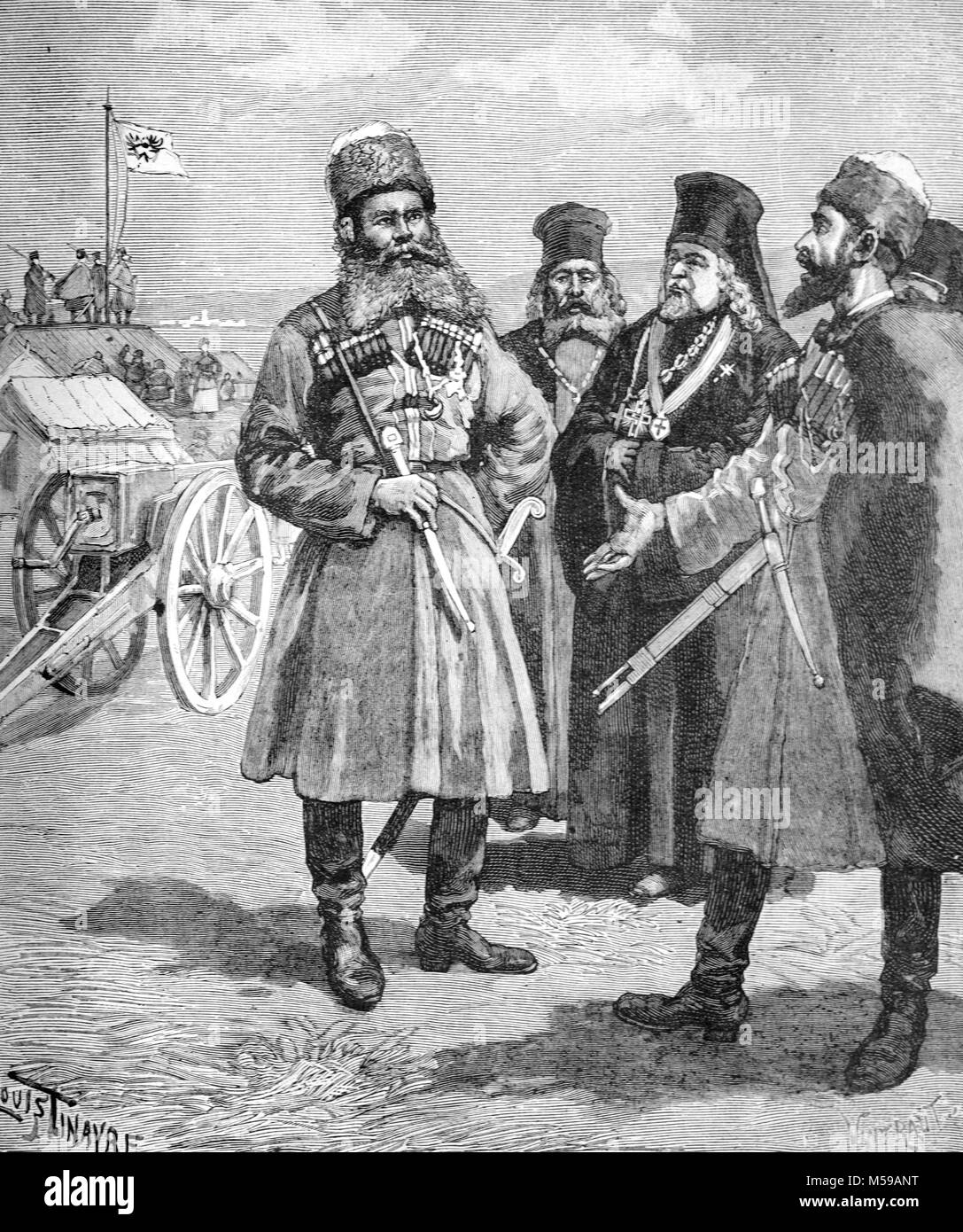 Nilolay Ivanovitch Achinov (b. 1856), ein russischer Abenteurer und Kosak, während seiner Expedition 1888 auf Französisch Somaliland oder Dschibuti. 1889 gründete er eine kurzlebige russische Siedlung bekannt als Sagallo, in den Golf von Tadjoura, Dschibuti, Afrika (Gravur, 1889) Stockfoto