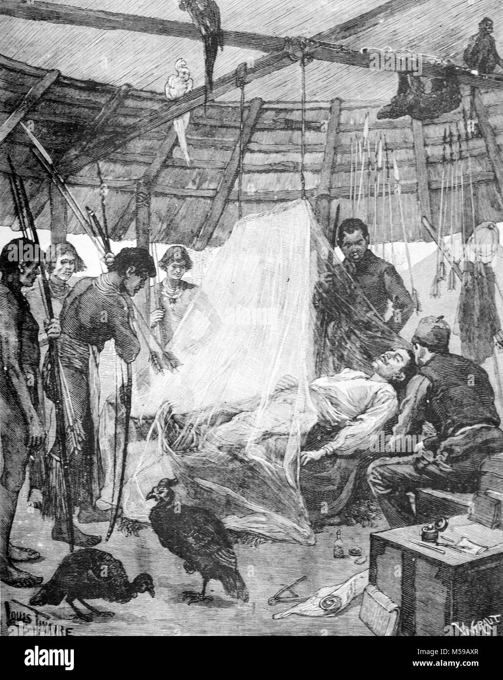 Henri Anatole Coudreau (1859-1899), französischer Geograph und Explorer von Französisch Guyana und dem Amazonas Malaria leiden in den späten 1880er Jahren. Er starb an Malaria zehn Jahre später beim Erkunden der Trombetas River 1899 (Gravur, 1889) Stockfoto