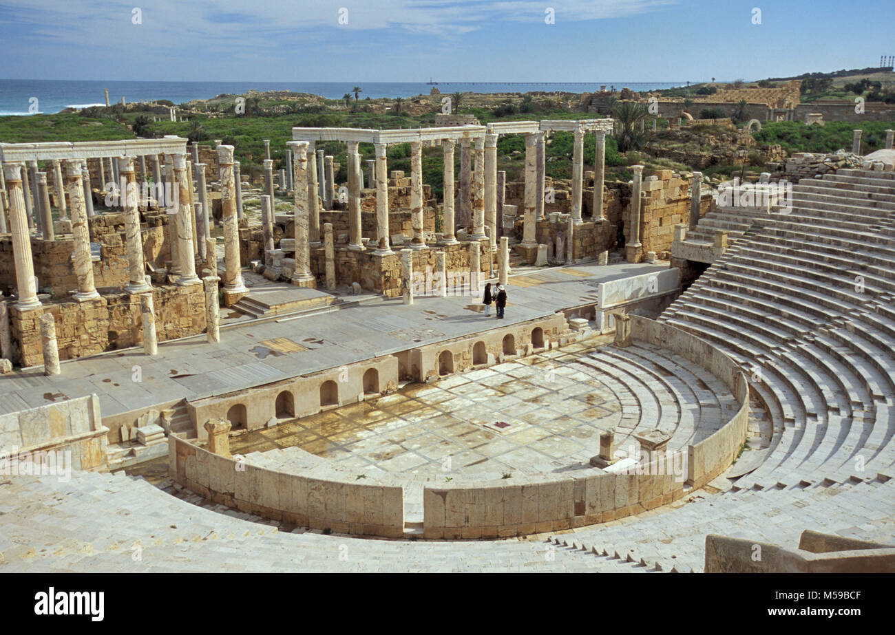 Libyen. Tripolis. Leptis Magna. Römische Ruinen. Unesco-Weltkulturerbe. Archäologische Ausgrabungen von Leptis Magna. Stockfoto