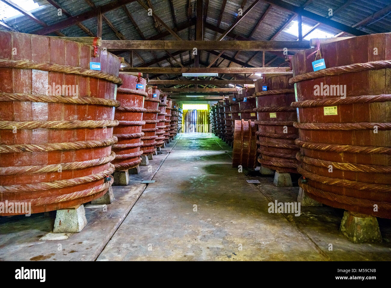 Factory Fischsauce Produktionsstätten auf der Insel Phu Quoc von der traditionellen Methode der Sardellen vergoren Vergoren in großen gebraut, Vietnam Stockfoto