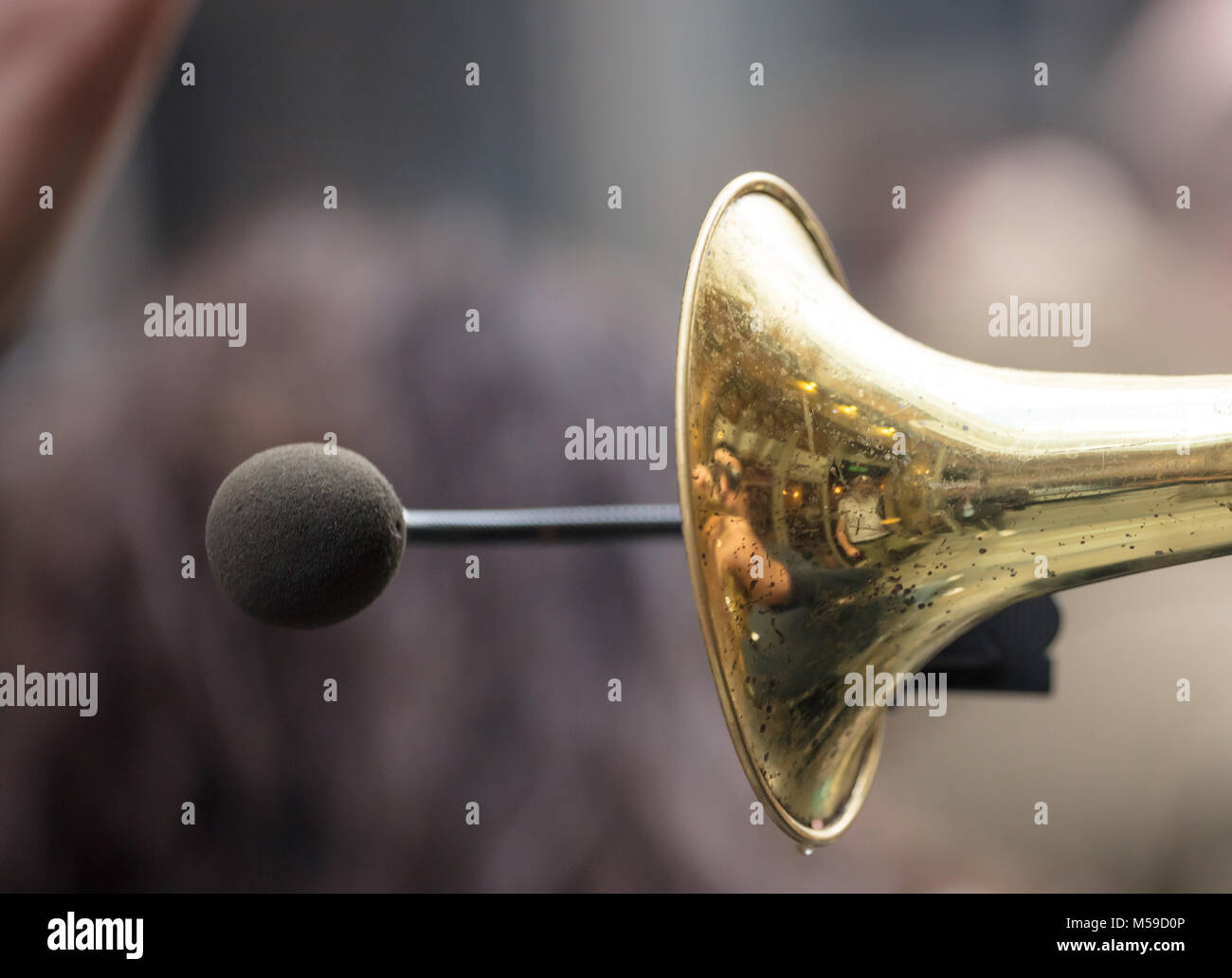 Blechbläser Trompete, Vorderseite mit Mikrofon für lautes Geräusch. Die Reflexion auf sie. Nahaufnahme mit Details, verschwommenen Hintergrund. Stockfoto
