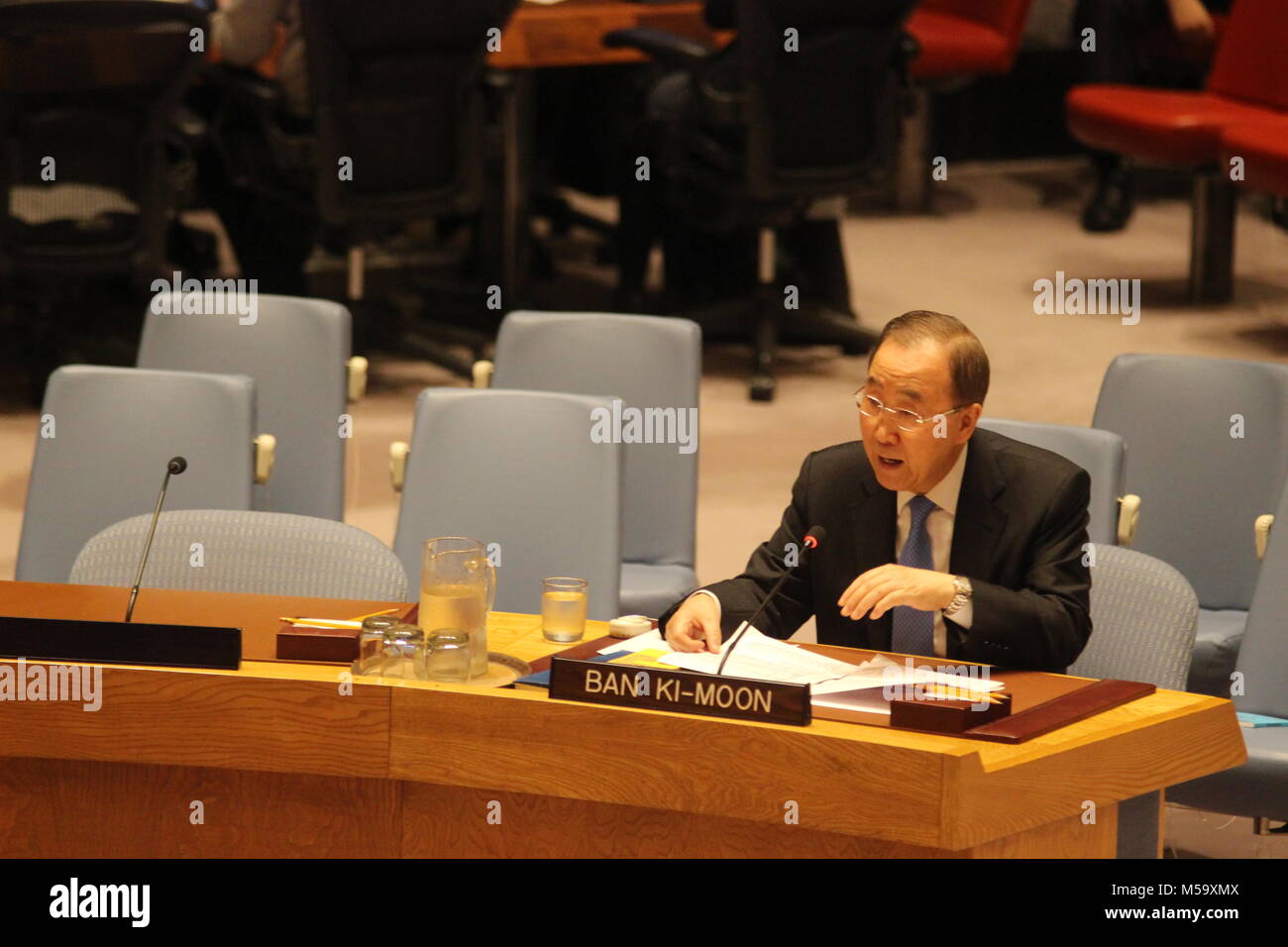 Uno, New York, USA. 21 Feb, 2018. Ban Ki-moon, Generalsekretär der Vereinten Nationen, der Sicherheitsrat über die UN-Charta. Foto: Matthew Russell Lee/Innere Stadt drücken Sie Stockfoto