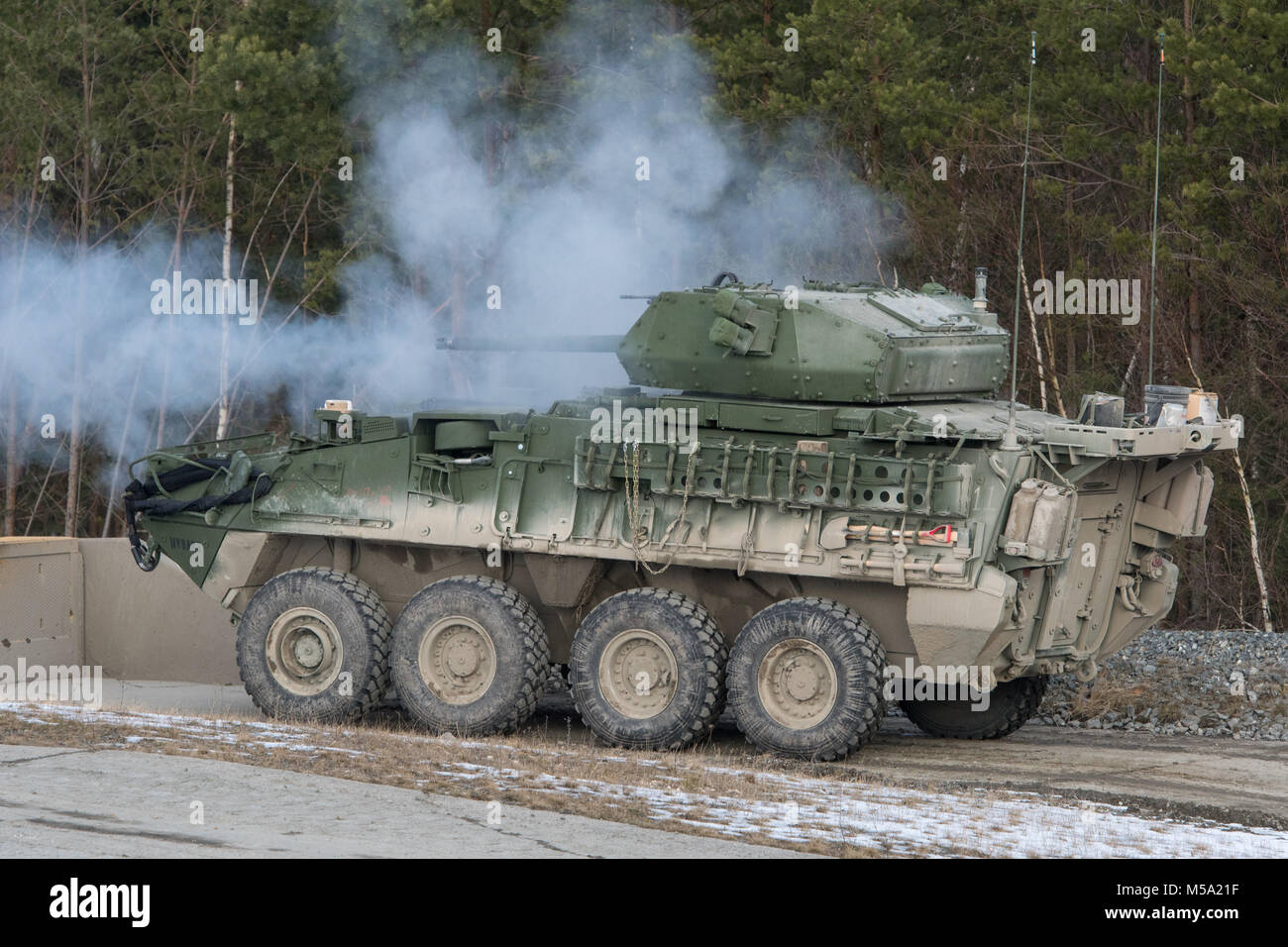 20. Februar 2018, Deutschland, Grafenwöhr: ein neuer Tank Stryker mit einem 30-mm-Kanone der US-Armee schießt auf dem Truppenübungsplatz während einer Präsentation. Foto: Armin Weigel/dpa Stockfoto