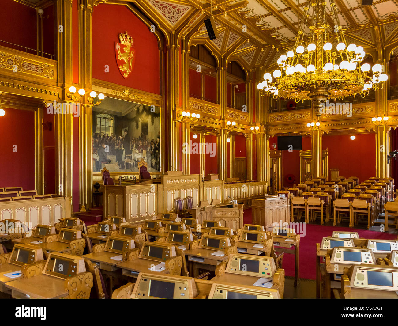 Innenraum des norwegischen Parlaments Kammer in Oslo, Norwegen, auch bekannt als das Storting oder Stortinget Stockfoto