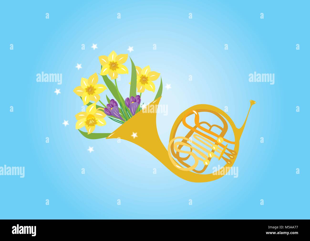 Eine cartoonillustration eines Horn mit Frühlingsblumen wie Narzissen und Krokusse Stock Vektor