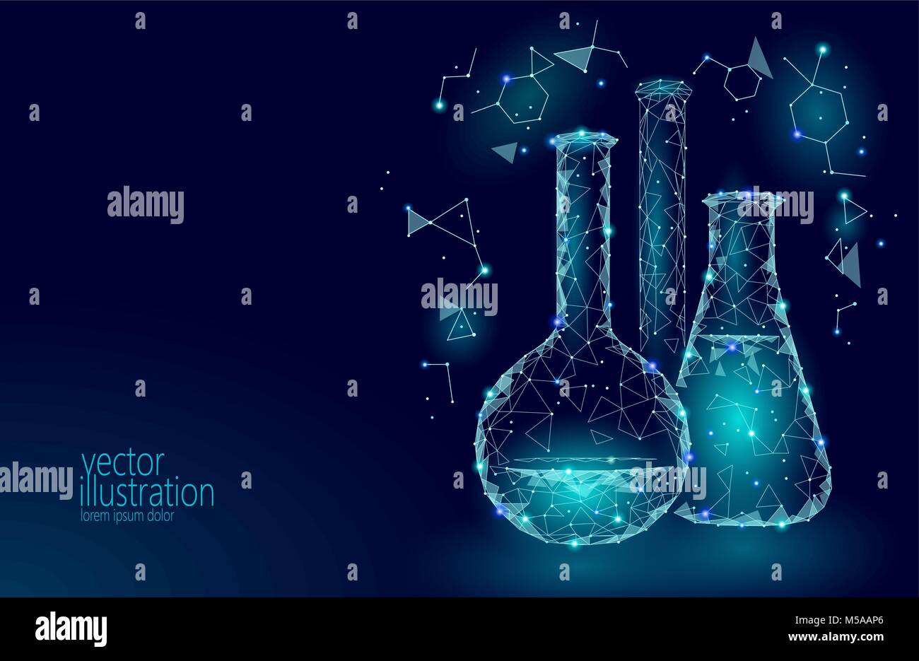 Low Poly Wissenschaft chemische Glaskolben. Magische Ausrüstung polygonalen Dreieck blau leuchtende Forschung Zukunft Technologie business Medizin Konzept Vector Illustration Stock Vektor