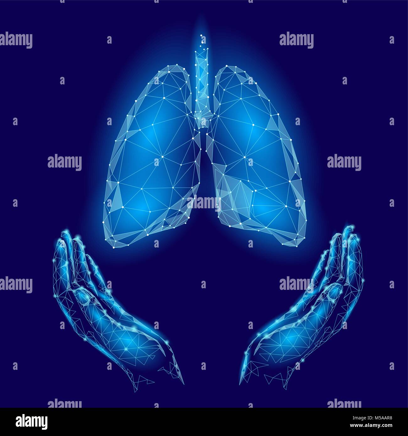 Welttuberkulosetag Poster menschliche Lungen in den Händen blauen Hintergrund. TB Sensibilisierung Gesundheit Medizin Zentrum. Medizinische Tag der Solidarität Konzept Low Poly polygonalen Dreieck Linie. Vector Illustration. Stock Vektor