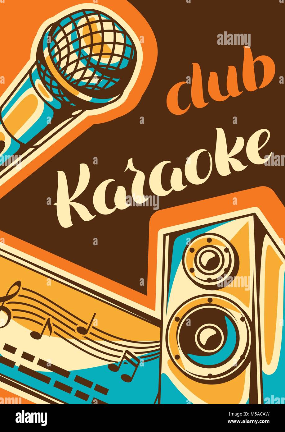 Karaoke club Poster. Musik event Banner. Abbildung mit Mikrofon und Akustik im Retro-Stil Stock Vektor