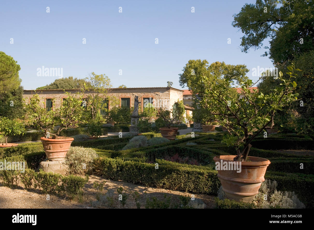 Giardino Corsini al Prato, Florenz, Toskana, Italien: Blick über das Feld Hedging, Zitronenbäumen und Bildhauerkunst Stockfoto