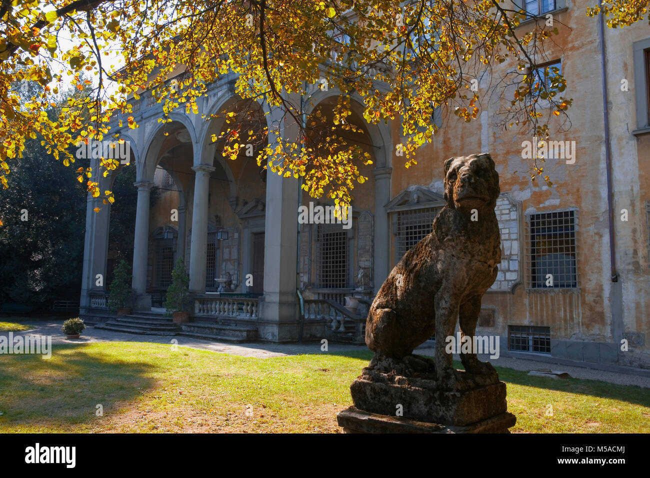 Giardino Corsini al Prato, Florenz, Toskana, Italien: Blick auf den Palast, mit einem Schrulligen Statue eines Hundes in den Vordergrund Stockfoto