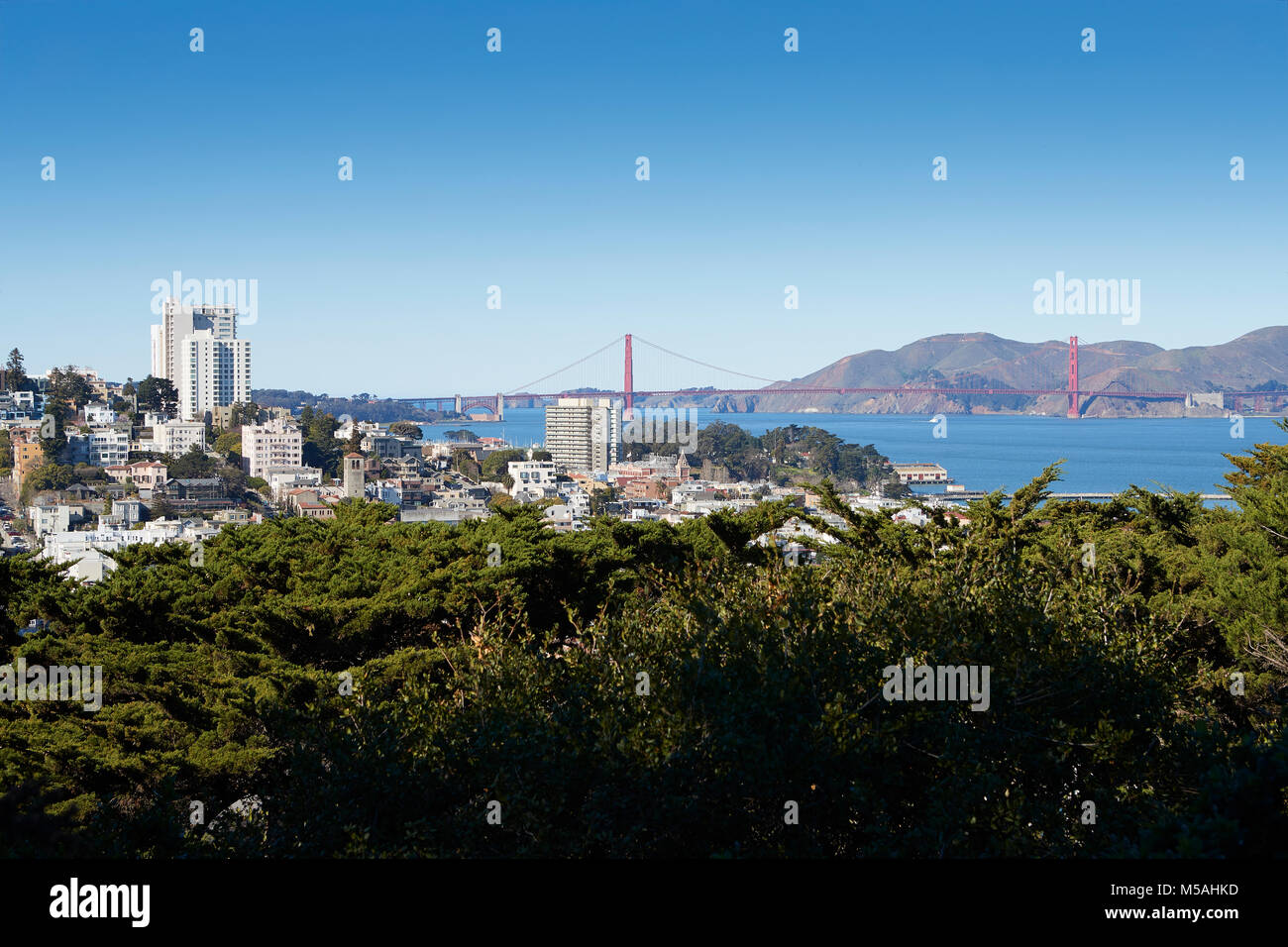 San Francisco und die Golden Gate Bridge gesehen vom Telegraph Hill. Stockfoto