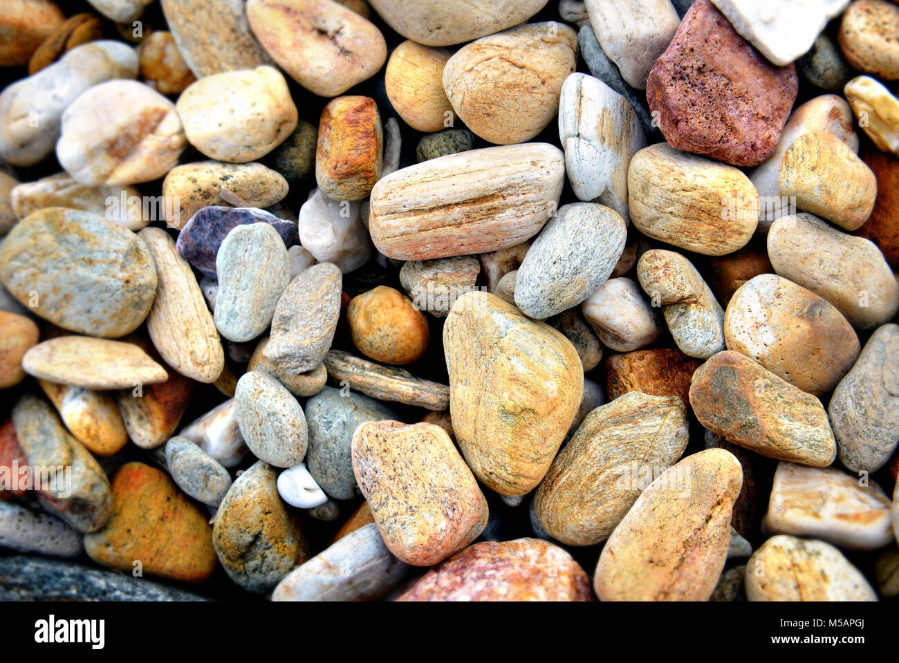 Gemischte Form und bunten tropischen Strand Natur Ozean Kies und Sand rock Steine in der Außenbeleuchtung. Stockfoto