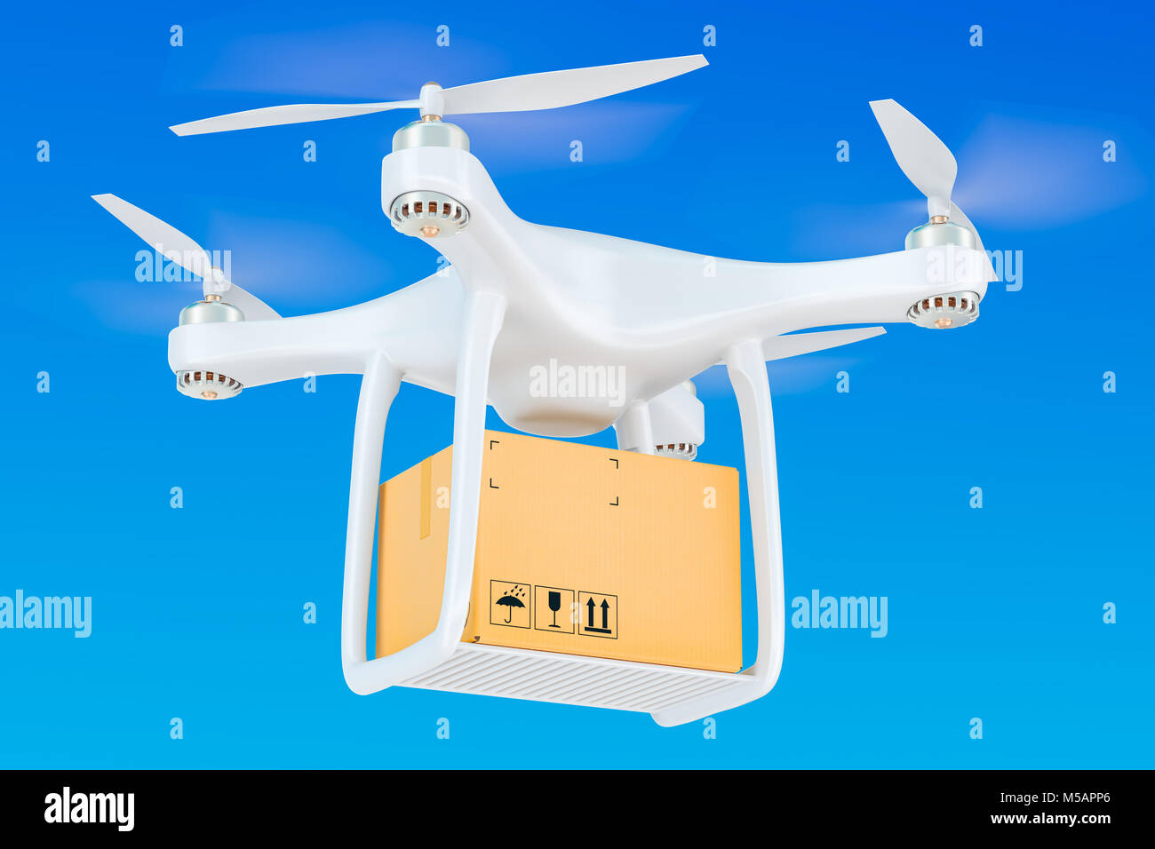 Lieferung Drone mit einem Paket in den blauen Himmel, 3D-Rendering Stockfoto