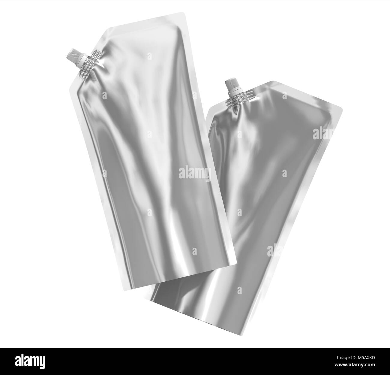 Waschmittel refill Paket, 3d-render Silber stand-up Tasche Tasche mockup mit Kappe, die in der Luft schweben eingestellt Stockfoto