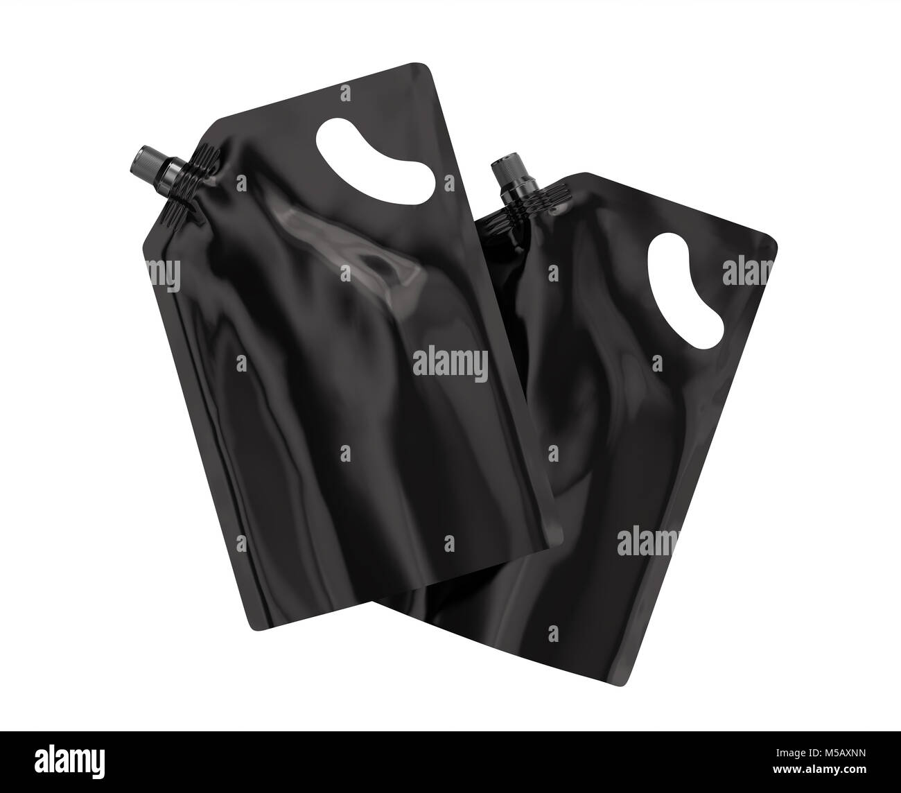 Waschmittel refill Paket, 3D-Render schwarz Standbeutel Tasche mockup mit Kappe, die in der Luft schweben eingestellt Stockfoto
