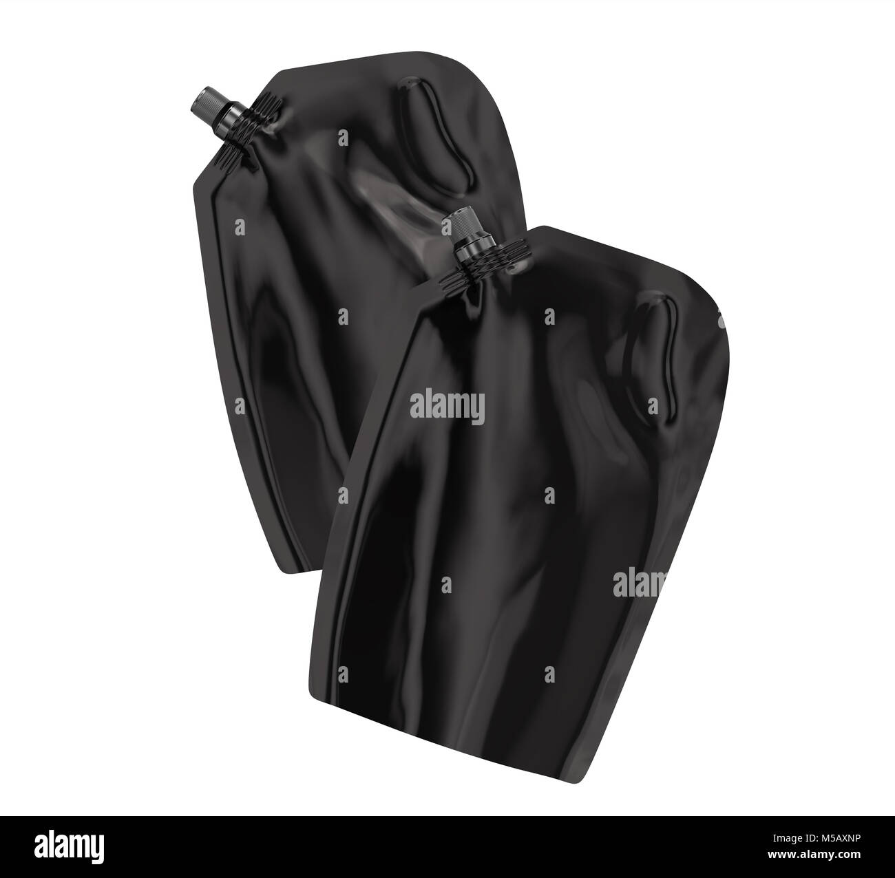 Waschmittel refill Paket, 3D-Render schwarz Standbeutel Tasche mockup mit Kappe, die in der Luft schweben eingestellt Stockfoto