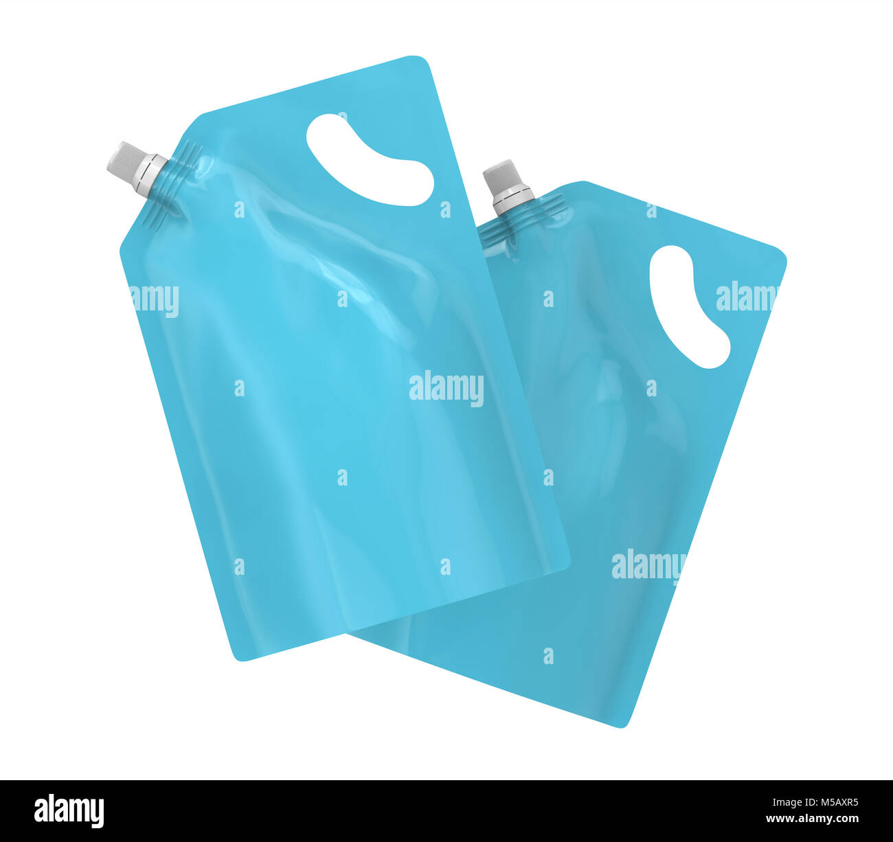 Waschmittel refill Paket, 3d-render Hellblau Standbeutel Tasche mockup mit Kappe, die in der Luft schweben eingestellt Stockfoto