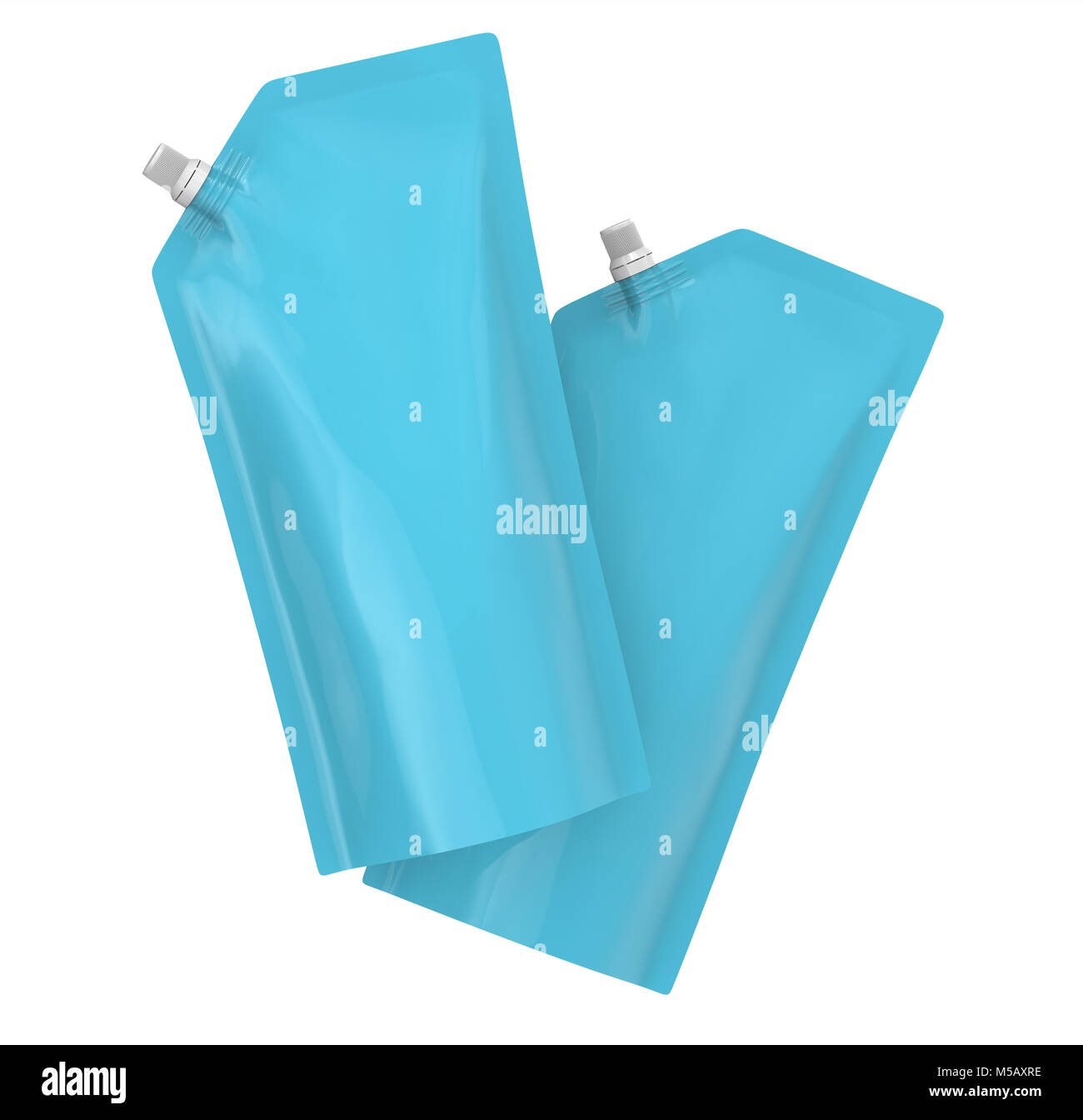 Waschmittel refill Paket, 3d-render Hellblau Standbeutel Tasche mockup mit Kappe, die in der Luft schweben eingestellt Stockfoto