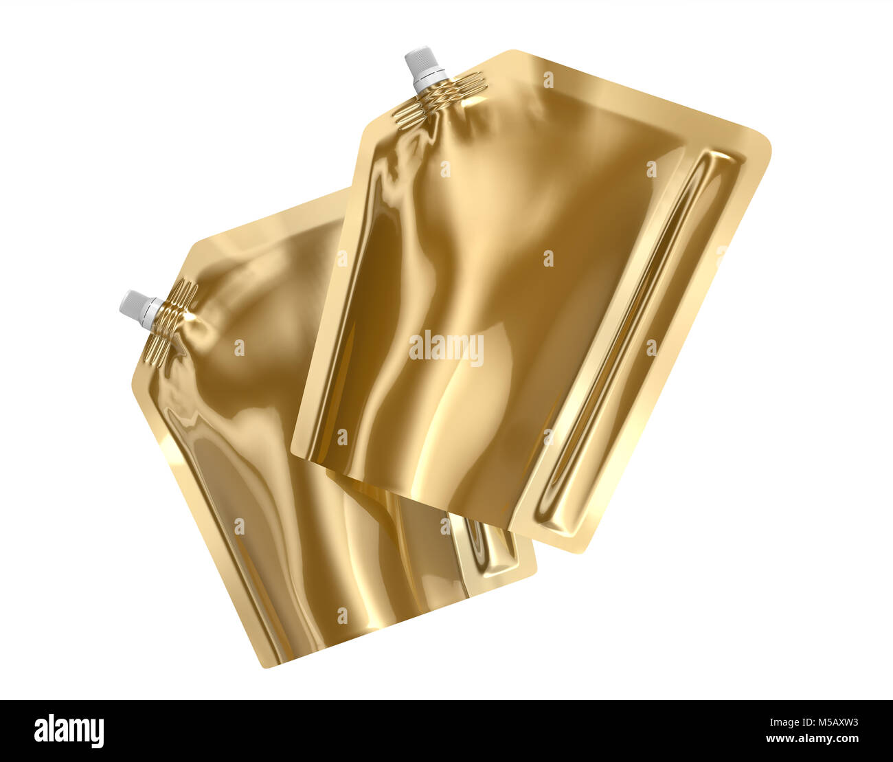 Waschmittel refill Paket, 3d-render Champagne Gold stand-up Tasche Tasche mockup mit Kappe, die in der Luft schweben eingestellt Stockfoto