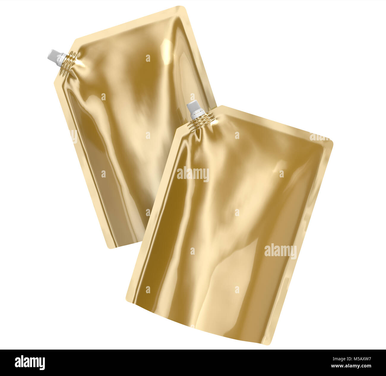 Waschmittel refill Paket, 3d-render Champagne Gold stand-up Tasche Tasche mockup mit Kappe, die in der Luft schweben eingestellt Stockfoto