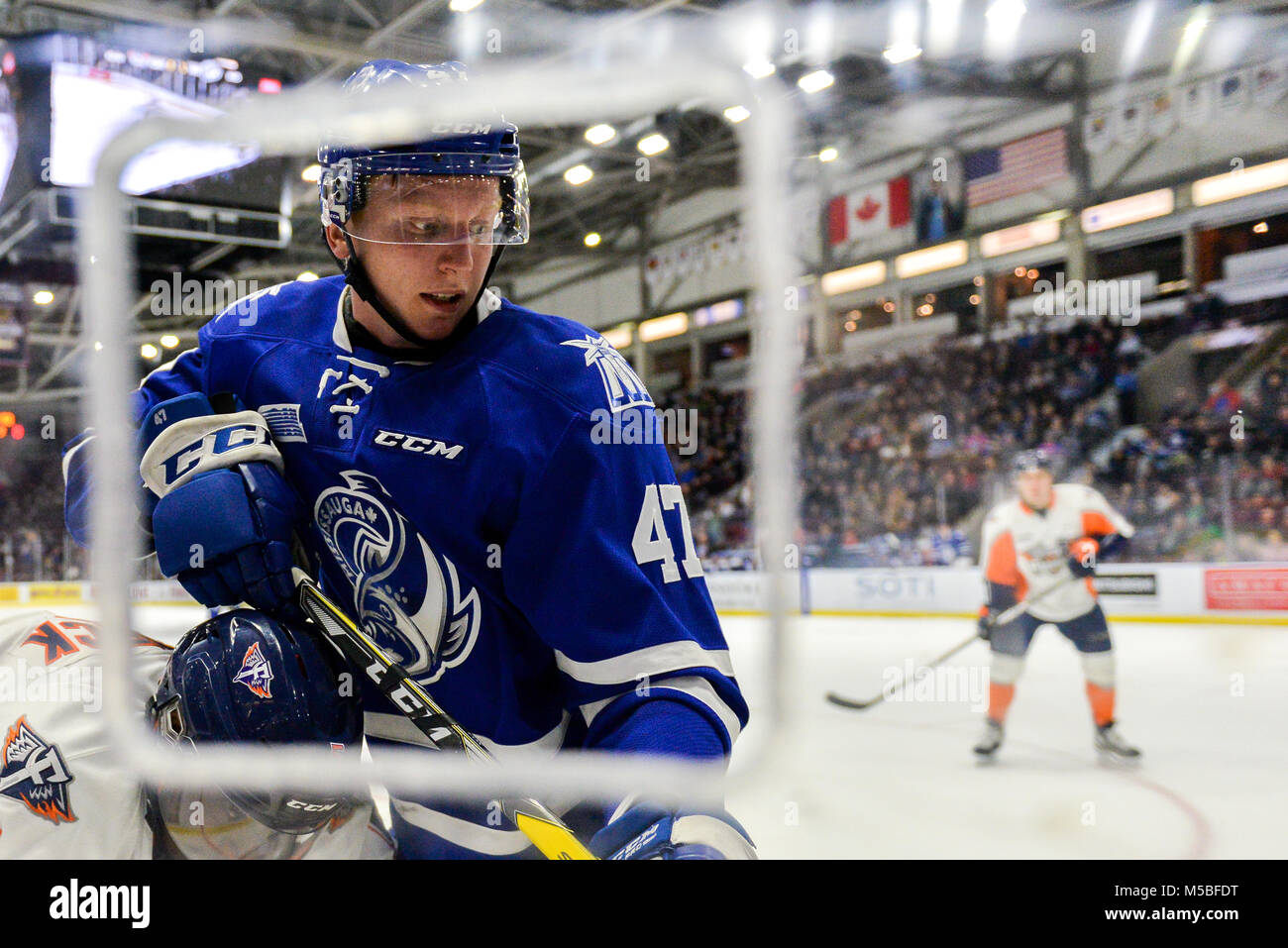 M Ississauga, Kanada. 19 Feb, 2018. Februar 19, 2018 - MIssissauga, Ontario, Kanada. Fox Trent während die Steelheads Mississauga vs Firebirds Feuerstein hockey Spiel der OHL 2017-18 regelmäßige Jahreszeit am Hershey Centre, Mississauga, Kanada (Score 4-0 Steelheads gewonnen) Credit: Anatoliy Cherkasov/Pacific Press/Alamy leben Nachrichten Stockfoto