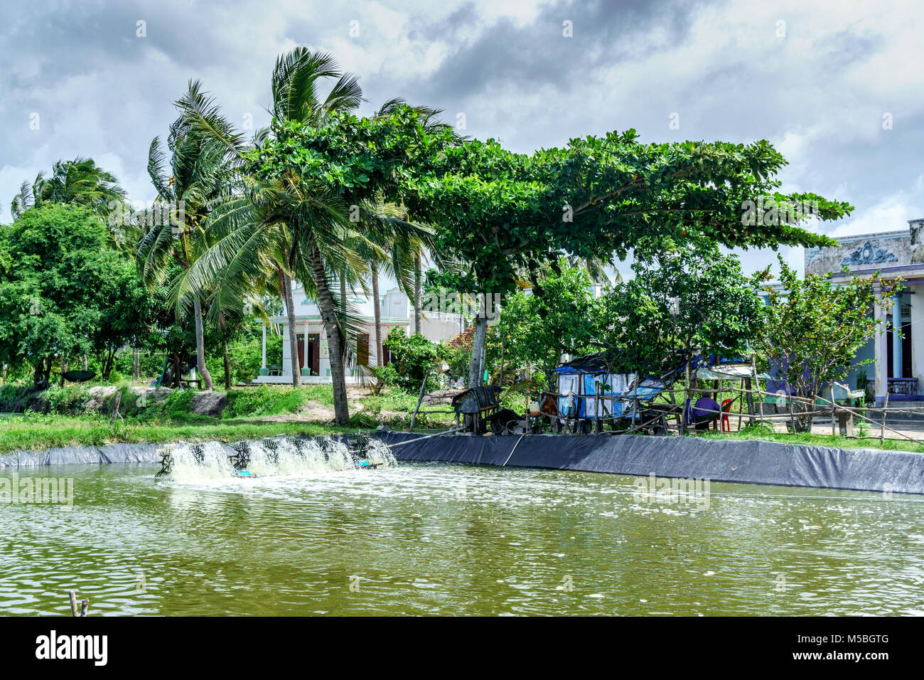 * Strahlregler Turbinenrad Sauerstoff Fill Ins in See Wasser in Shrimp Farm in Ba Ria Vung Tau, Vietnam Stockfoto