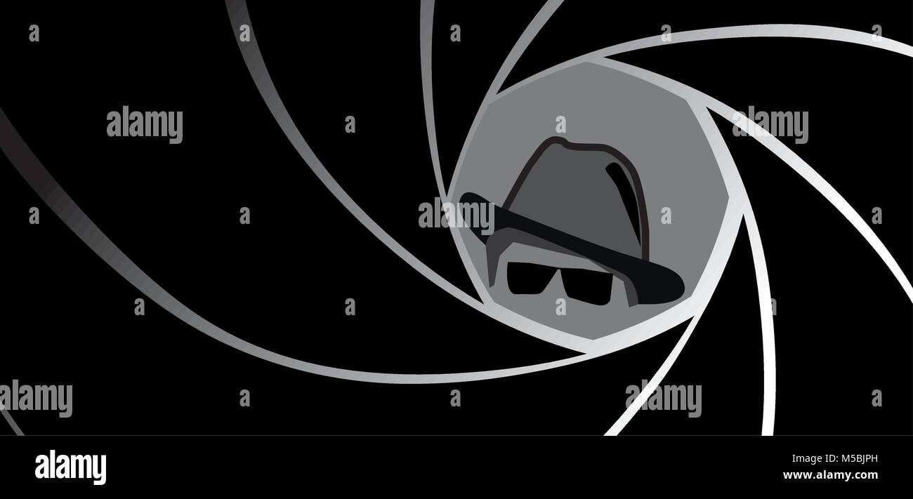 Silhouette der Spion, Geheimagent, Detektiv oder Gangster in Fedora Hut und Sonnenbrille durch eine Gun Barrel gesehen. Vector Illustration. Stock Vektor