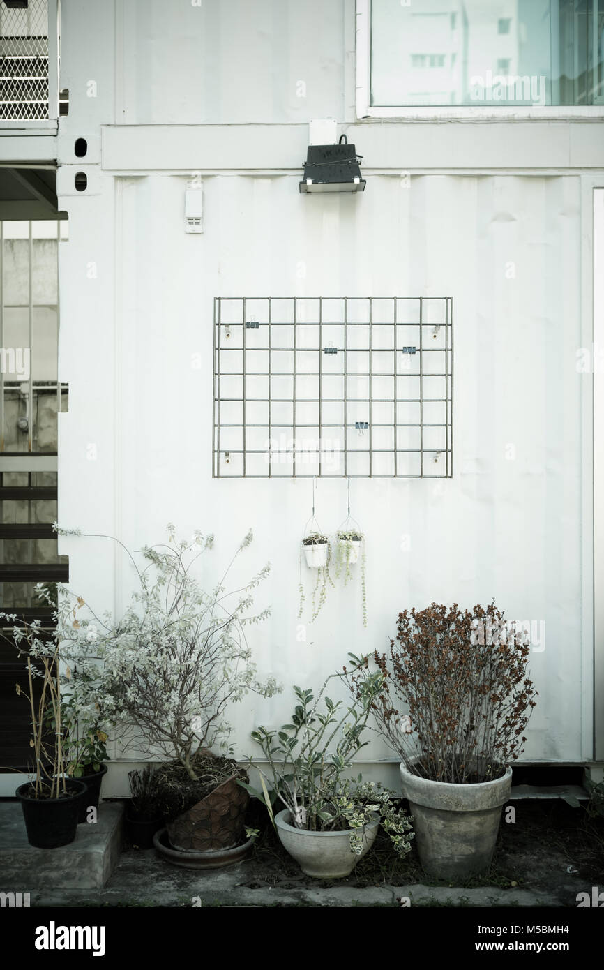 Eine Wand des Hauses von Container, die mit einem Gitter zum Aufhängen  Flower Pot Stockfotografie - Alamy