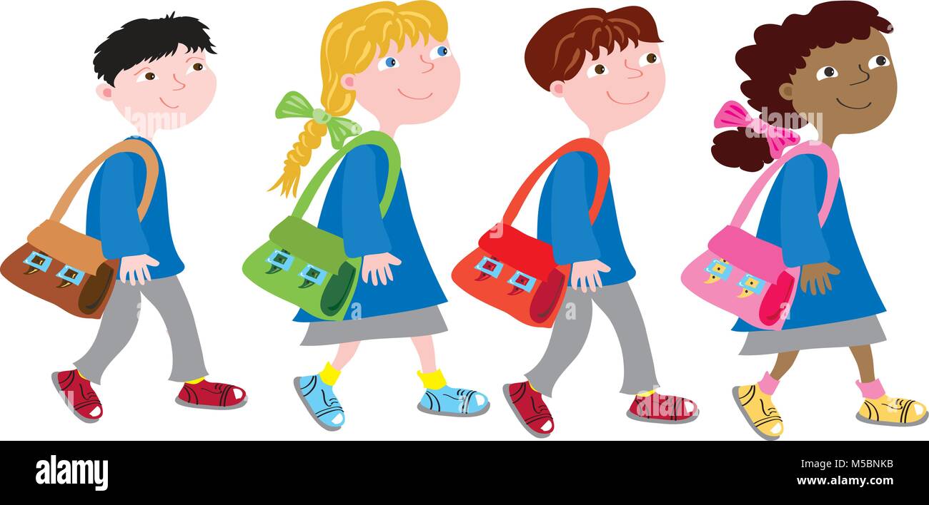 Vier cartoon Kinder zurück in die Schule zu gehen Stock Vektor