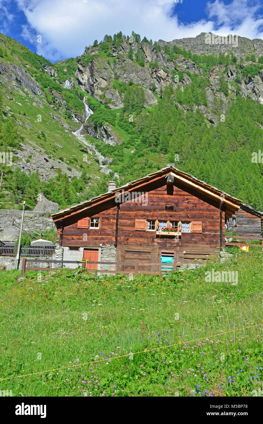 Eine alpine Chalet in seiner Blüte gefüllt Wiese, mit Wälder und Berge im Hintergrund Stockfoto