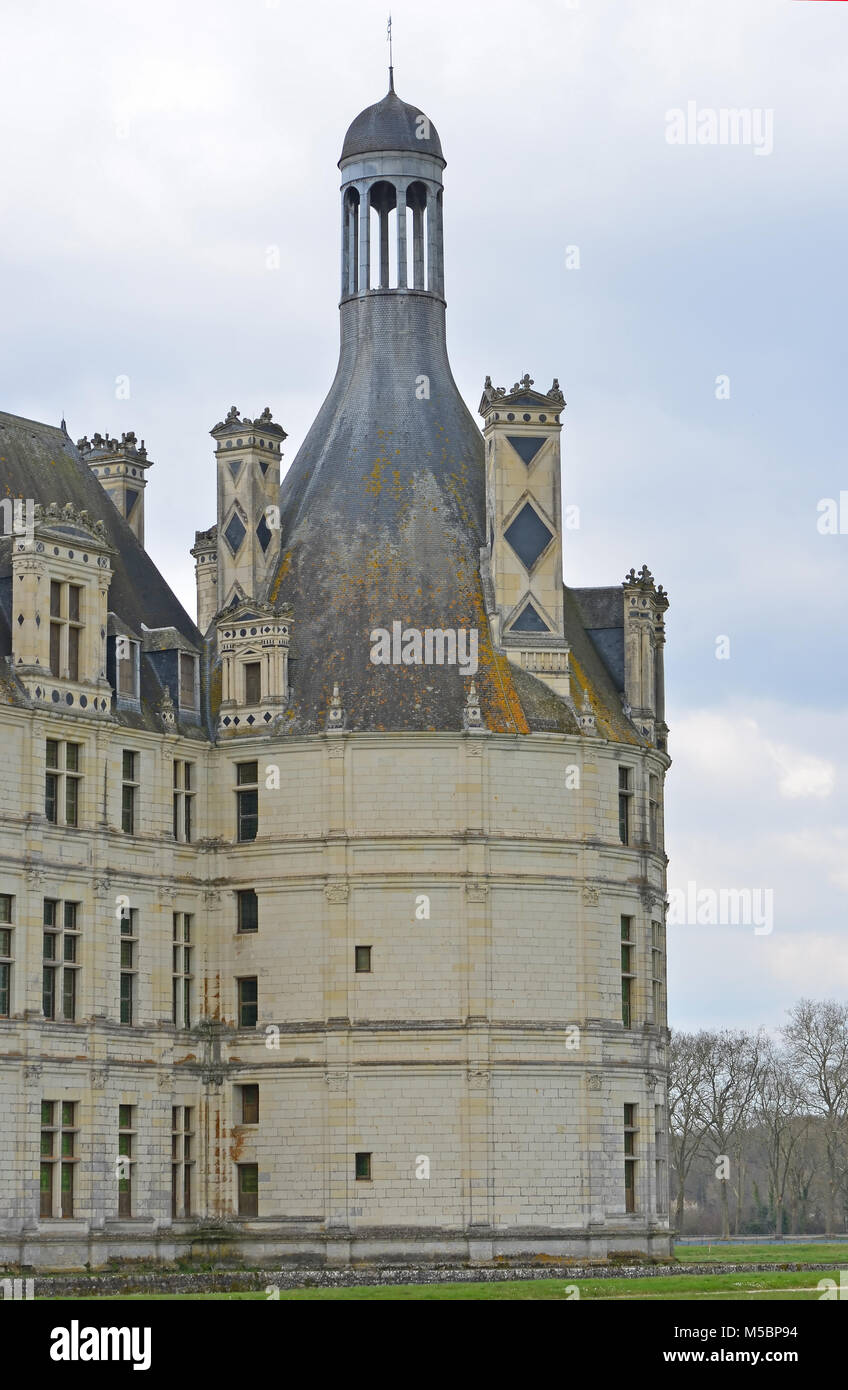 Eine der ungewöhnlichen Türme mit einer gewölbten Pavillon im Chateau de Chambord überwunden Stockfoto