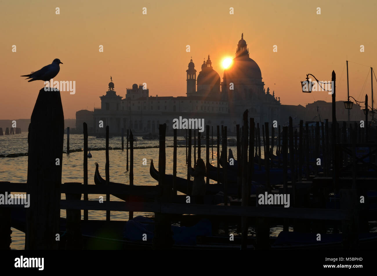 Sonnenuntergang über der Basilika von Santa Maria della Salute, durch die Lagune Venedig Stockfoto