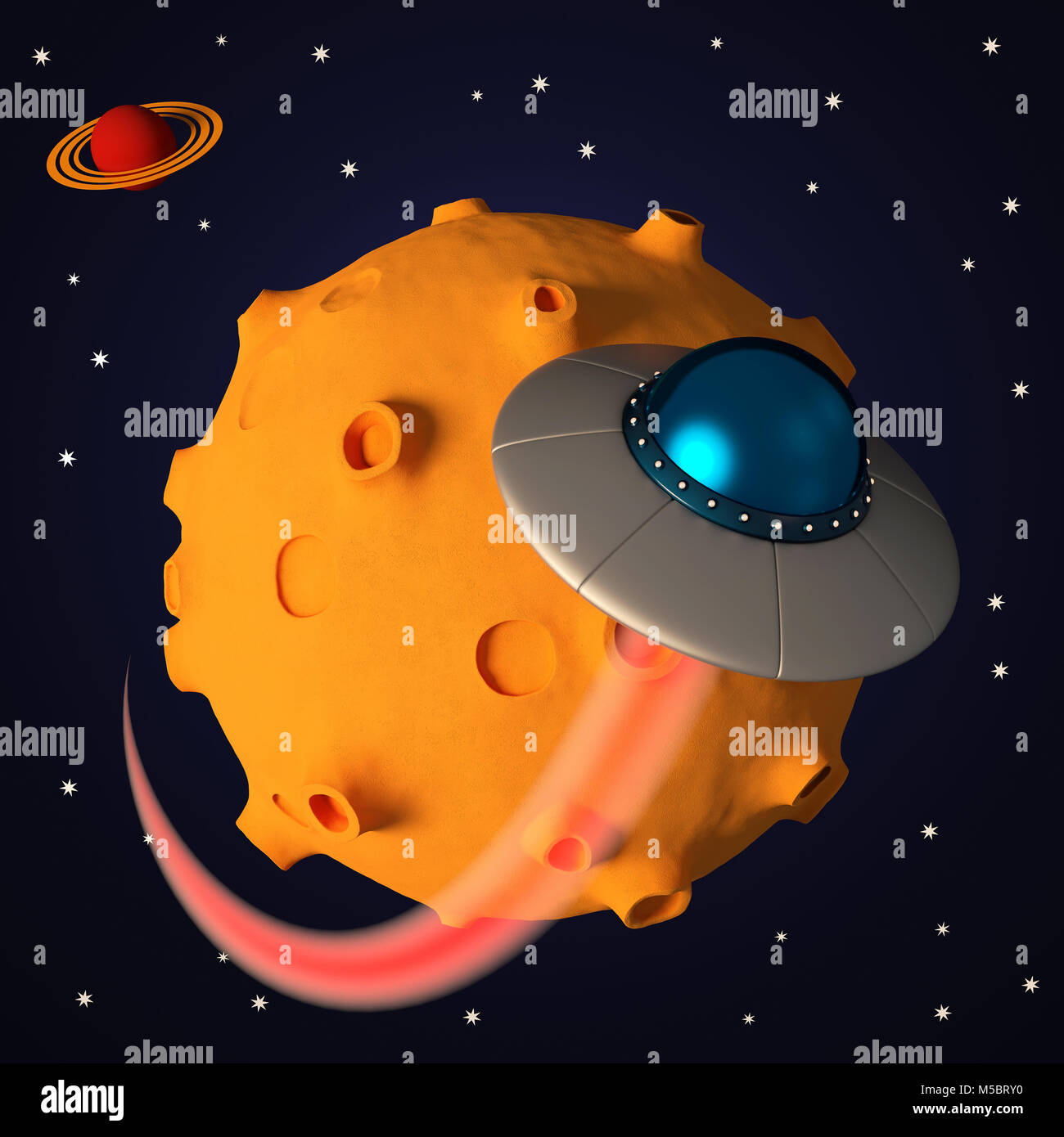 Ufo im Raum im Comic-stil. Retro außerirdisches Raumschiff Stockfoto