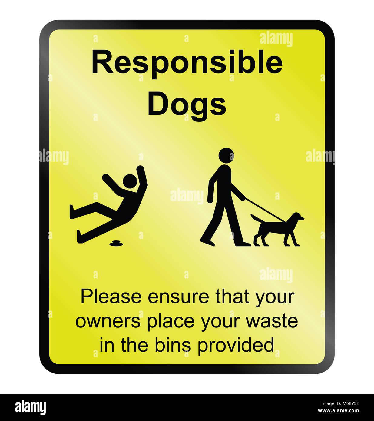 Gelbe hund Abfälle verantwortlich für die Information der Öffentlichkeit Zeichen auf weißem Hintergrund Stockfoto