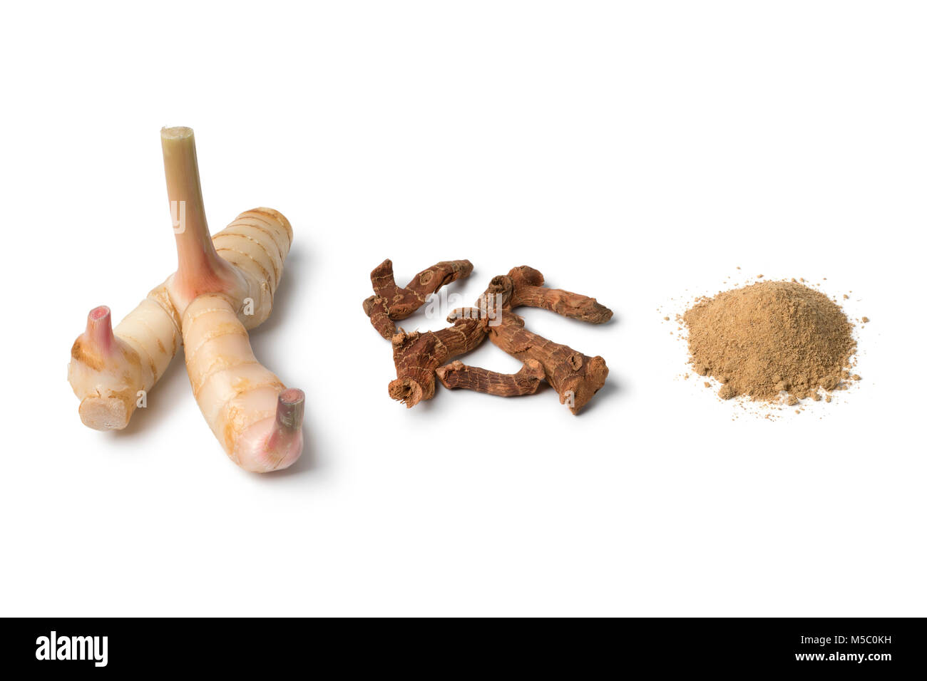 Frisch, getrocknet und Pulver Thai Galgant auf weißem Hintergrund Stockfoto