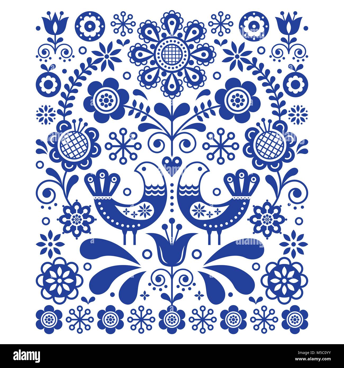 Skandinavische cute Volkskunst vektor Dekoration mit Vögel und Blumen, Skandinavischen marine blau Blumen muster Stock Vektor