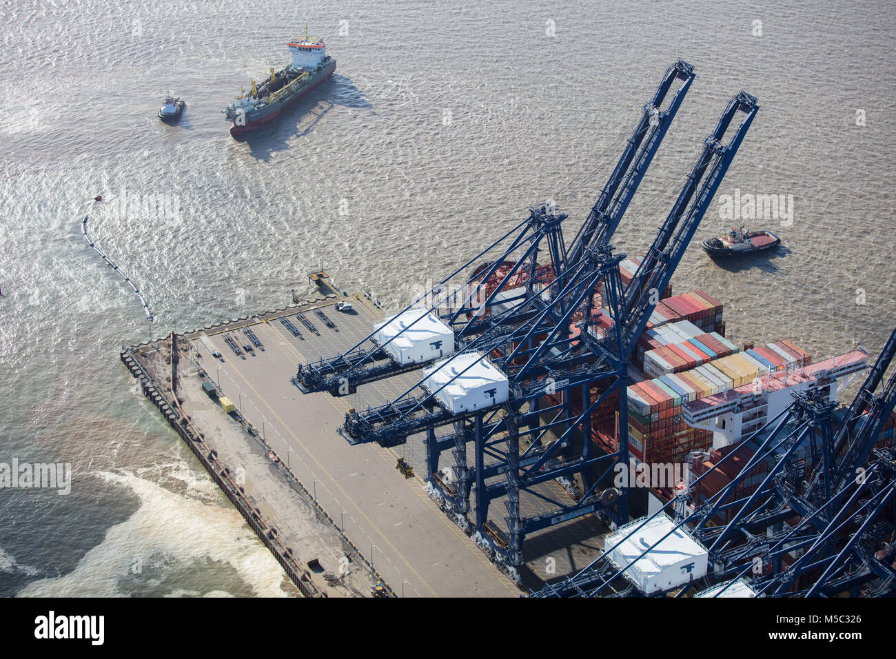 Eine Luftaufnahme des Dock Kräne im Hafen von Felixstowe, Suffolk, Großbritannien Stockfoto