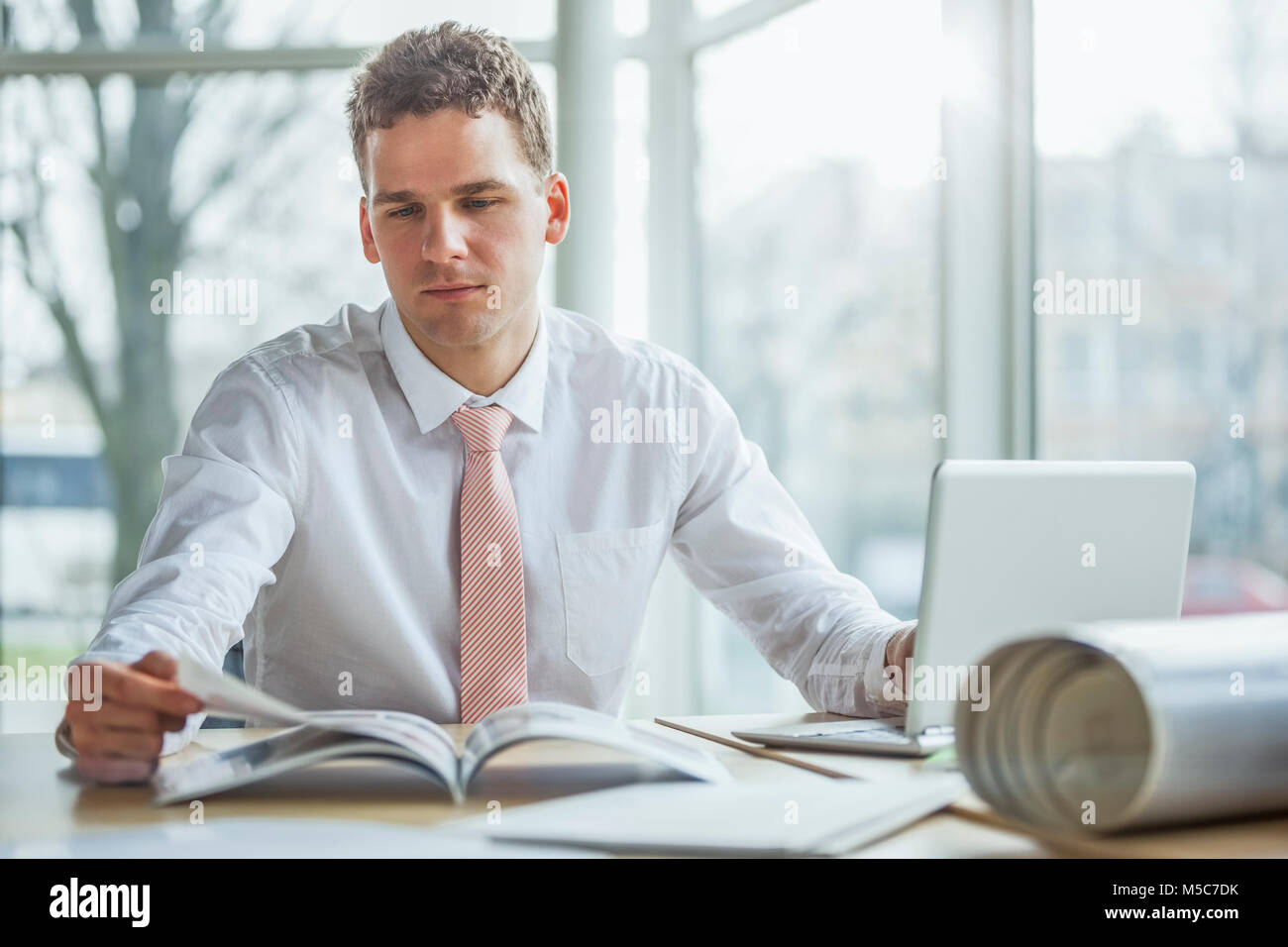 Junge Unternehmer lesen Broschüre während mit Laptop im Büro Schreibtisch Stockfoto