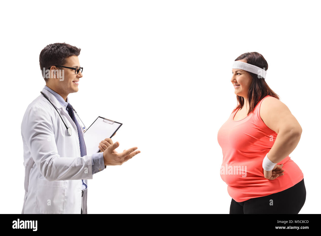 Arzt Beratung Eine übergewichtige Frau auf weißem Hintergrund Stockfoto