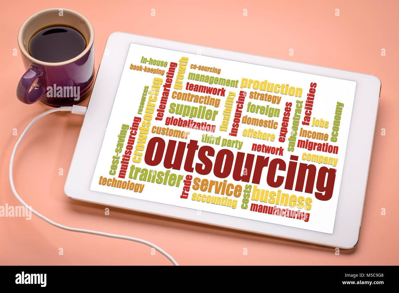 Outsourcing Wort Wolke auf einer digitalen Tablette mit einer Tasse Kaffee Stockfoto