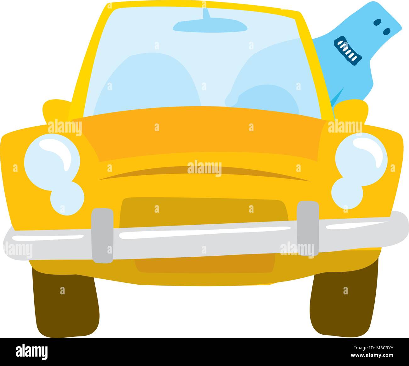 Cartoon Illustration der blaue Mann, der ein gelbes Auto Stock Vektor